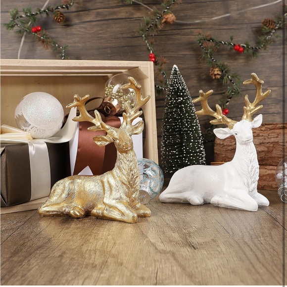 2 Resin Golden & White Reindeer🦌Lying Tabletop Decorations Figurines - Picture 6 of 9